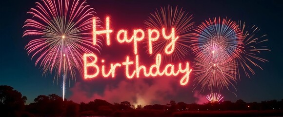 Nighttime scene with fireworks lighting up the sky, "Happy Birthday" written in sparkling letters