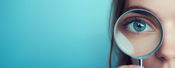 close up of woman eye looking through magnifying glass, with space for copy, on plain background