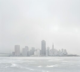 White background, San Francisco skyline in the distance, frozen lake with foggy cityscape, soft grey sky, muted color tones, minimalist, monochromatic, 