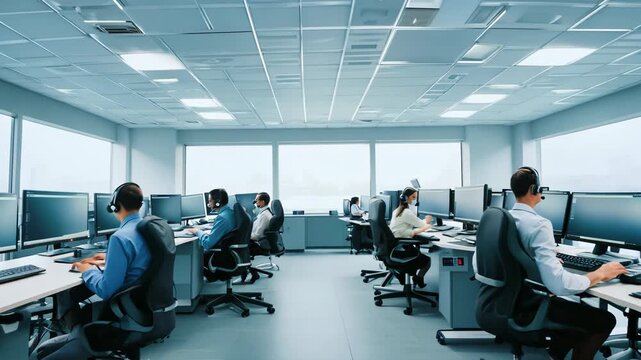 Organized Call Center Cubicles with Electronic Gear