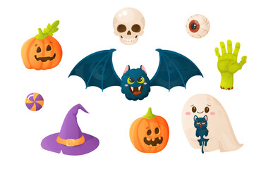 Halloween illustration set. Bat, ghost, witch hat, pumpkin and skull. For your poster, banner, t-shirt, sticker