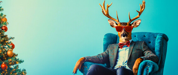 A stylish deer in a blue armchair celebrating Christmas with sunglasses and a festive bow tie