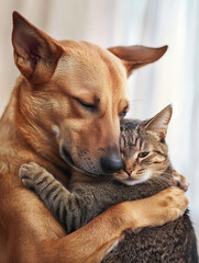 A cat and a dog are hugging each other