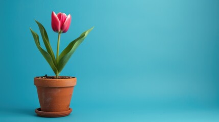 Obraz premium Red tulip in a brown pot on a blue background.