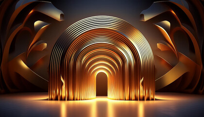 Fototapeta premium Glistening innovative curve ornament metal fundamental 3d component artwork. Arched pillar doorway geometric structure exhibition showcase promotion structural base.