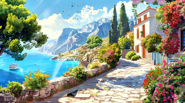 A scenic path in a Mediterranean coastal village, lined with colorful flowers and offering a breathtaking view of the sea. Seamless loop video background
