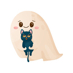 Halloween cartoon illustration of a ghost with a kitten. Vector illustration on white