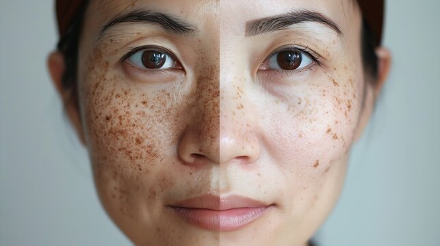 Freckles and Spot melasma pigmentation skin facial treatment over Asian woman faceWrinkles melasma Dark spots freckles dry skinProblem skincare and health concept Before and after : Generative AI