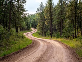 Obraz premium Dirt road winding through pine forest, rugged and wild
