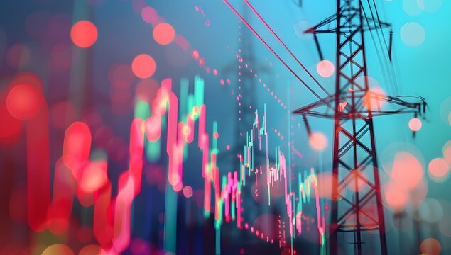 A stock market graph with an electric tower in the background, indicating high energy pole depths and challenges for growth and support of electricity.  - Powered by Adobe