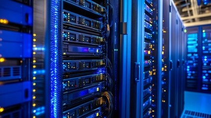 Data center background, database storage in terminals, hardware server room, cloud computing, networking and hosting in racks