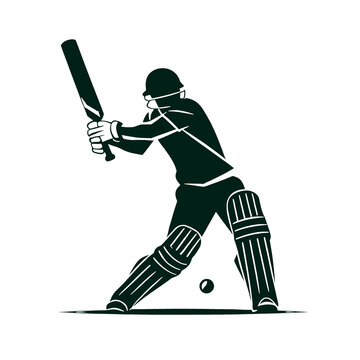 Minimalist vector illustration of cricket player mid-swing in dynamic pose, simple clean lines, silhouette focus, basic shapes, single-color palette black or dark green on white background