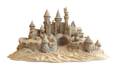 A detailed 3D illustration of a sandcastle built from sand, capturing the creativity and fun of constructing a castle from sand on the beach isolated on transparent background cutout png