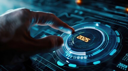 Start 2025. Round button to start new year. Inscription 2025 on panel with neon lighting. Start of new year. 2025 button to move to future. Background for business presentation