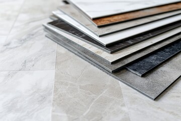 Samples of a ceramic tile in shop. Colored samples of ceramic tiles for kitchen or bathroom interior material design of house, floor, porcelain stoneware.