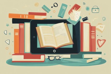 digital tablet symbolizing an open e-book, surrounded by traditional books and educational tools, illustrating the blend of traditional and modern forms of literacy in today's world flat illustration 