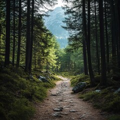Fototapeta premium Footpath winding through a green forest with sunlight filtering through the trees