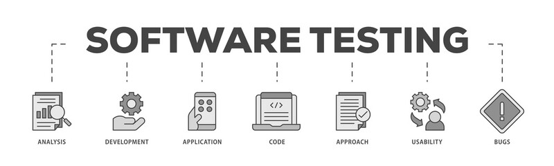 Software testing icons process structure web banner illustration of bugs, code, usability, approach, application, development, analysis icon png transparent background.