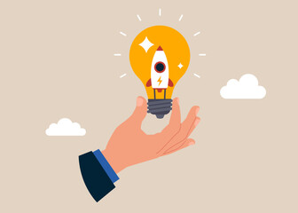 Scientist start up company owner with rocket inside lightbulb idea. Setting up new business, entrepreneurship,  motivation to create new business idea and make it success. Flat vector illustration