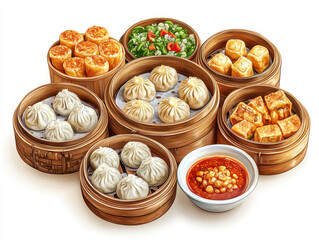 A variety of delicious dim sum dishes served in traditional bamboo steamers with a dipping sauce, showcasing Asian cuisine.