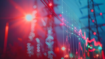A stock market graph with an electric tower in the background, indicating high energy pole depths and challenges for growth and support of electricity. 