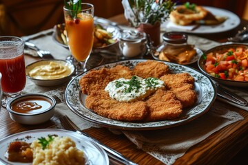beautifully set dining table featuring Wiener Schnitzel as the centerpiece, with a variety of sides, sauces, and beverages, creating an inviting and celebratory dinner