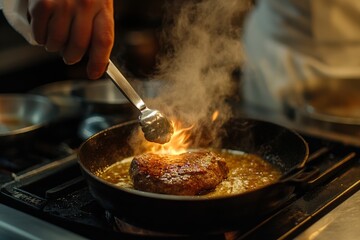 chef preparing Steak au Poivre in a professional kitchen, capturing the process of seasoning the steak and creating the sauce, with a focus on the craftsmanship and delicious aroma