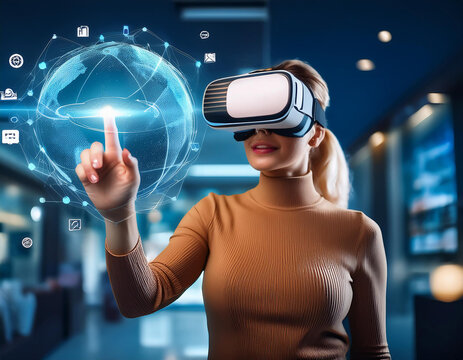 Intelligent woman using virtual reality headset to connect to digital world and explore online shopping for high-end items. Illusion.