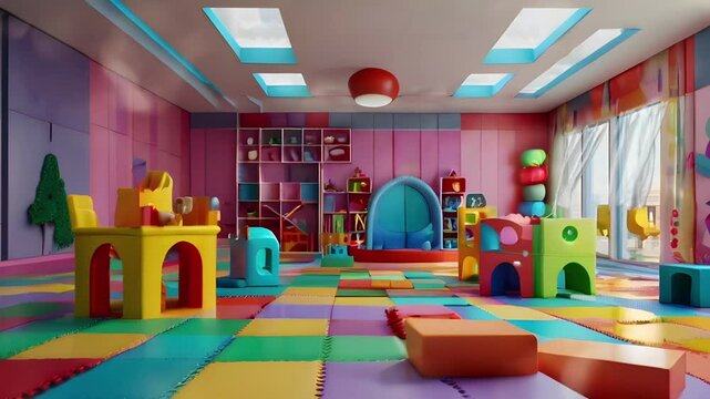 Back to school concept. Play and study room atmosphere for little ones with some toys and colorful decorations. Seamless 4K looping timelapse video animation background