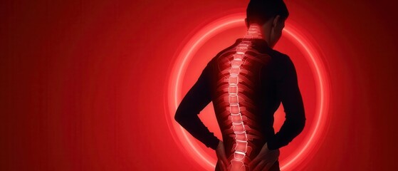 Silhouette of a person with their back arched in pain, surrounded by a glowing red aura, Pain, Back Pain
