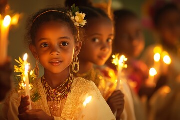 girls in traditional Ethiopian clothing, holding small candles and Meskel flowers, participating in a New Year's procession ritual, with warm, golden lighting capturing the festive spirit