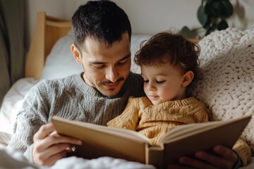 Father's Day. Dad and son child reading together at home, sharing a moment of bonding over a bedtime story, with a cozy ambiance that highlights the family aspect of literacy