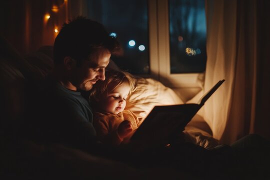 Father's Day. Dad and son child reading together at home, sharing a moment of bonding over a bedtime story, with a cozy ambiance that highlights the family aspect of literacy