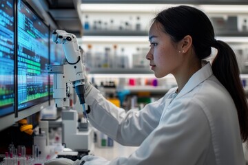woman scientist working with robotic arm in cutting-edge lab, performing precise tasks like pipetting or handling test tubes, with background of organized lab shelves digital screens displaying data