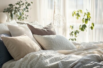 stylish bedroom featuring a bed with comforter and decorative cushions, with morning light streaming in through the window, highlighting the peaceful atmosphere of a well-made bed