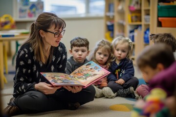 teacher reading a storybook to a group of young students in a classroom, with a warm and engaging atmosphere, showcasing the importance of early literacy and education
