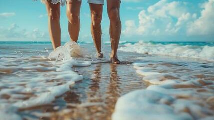 Obraz premium Couple beach and holding hands in running happy and holiday for vacation ocean and cropped shot Romantic summer and travel bonding and sea or outdoor sand and romance in miami for hone : Generative AI