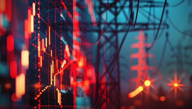 A stock market graph with an electric tower in the background, indicating high energy pole depths and challenges for growth and support of electricity. 