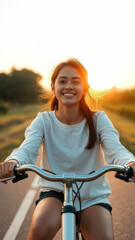 Obraz premium Young woman smiling while riding a bicycle at sunset