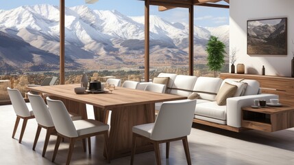 Obraz premium Cozy living room interior with table and panoramic window, empty wall 