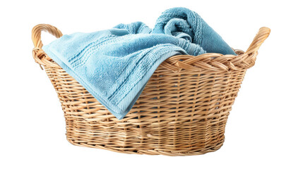 Obraz premium Clean and fresh towels neatly placed in a woven basket, highlighting their softness and organization isolated on transparent background cutout png
