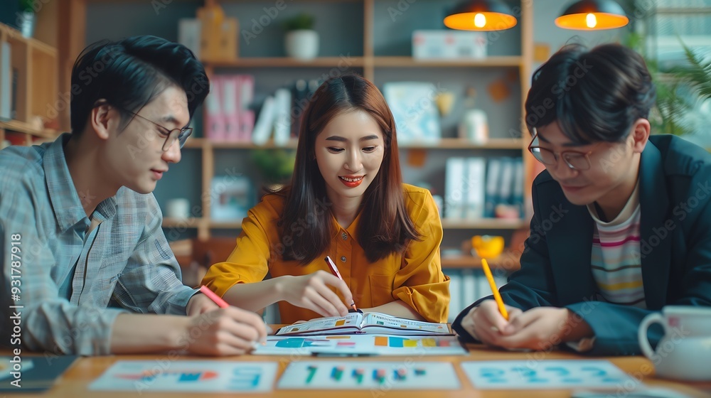 Aufkleber Group of asian business people working and brainstorming in workshop and analyzing marketing reports startup project infographics in the office Sales and business plans presentation id : Generative AI