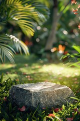 Mockup of a product presentation podium surrounded by a lush tropical garden showing natural light and foliage