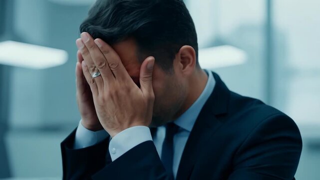 Office Crisis, Suit-Wearing Man, Floor Sitting, Concealing Distress