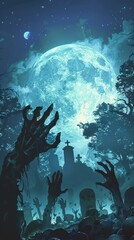 Obraz premium Undead hands emerge from graves in a haunted graveyard illuminated by a full moon