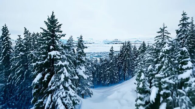 Snowy winter forest with snow-covered fir trees against the backdrop of a mountain landscape