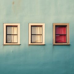 three windows with curtains on a blue wall