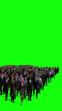 Businessmen with a businesswoman in front forming arrow shape pointing right, vertical video against Green Screen