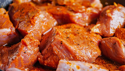 Raw marinated pork. Spicy marinade. Natural product. Fresh meat pieces for BBQ. Culinary concept