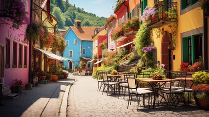 A charming European village square with cobblestone streets colorful buildings adorned with flowers outdoor cafes with people enjoying coffee and a lively market scene.